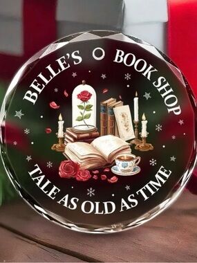Belle's Book Shop Round Glass Ornament - Black & Red